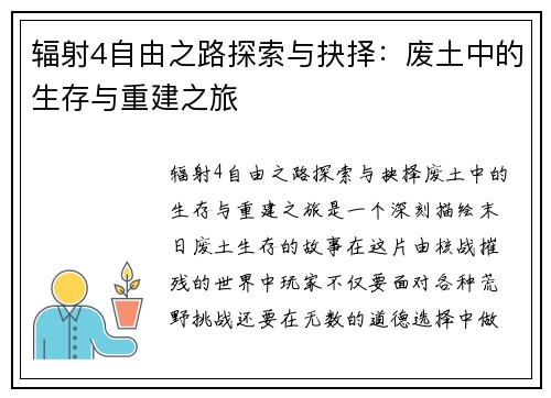 辐射4自由之路探索与抉择：废土中的生存与重建之旅