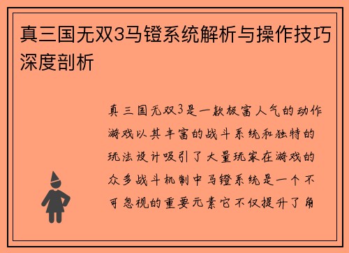 真三国无双3马镫系统解析与操作技巧深度剖析